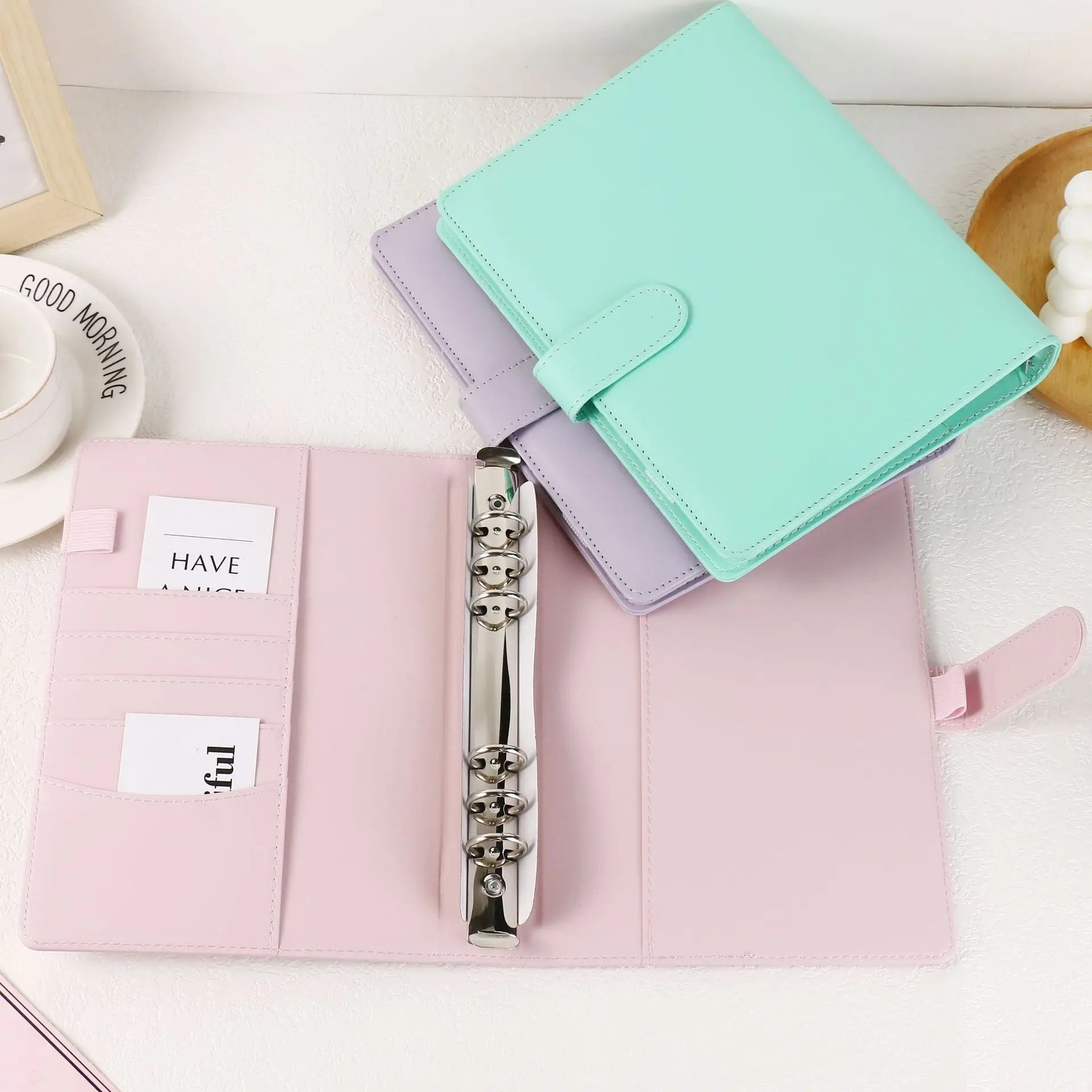 A5 Faux Leather Ring Binder Organizer with Ring Mechanism Replaceable Pages Snap Closure Planner Diary and Photo Album in One
