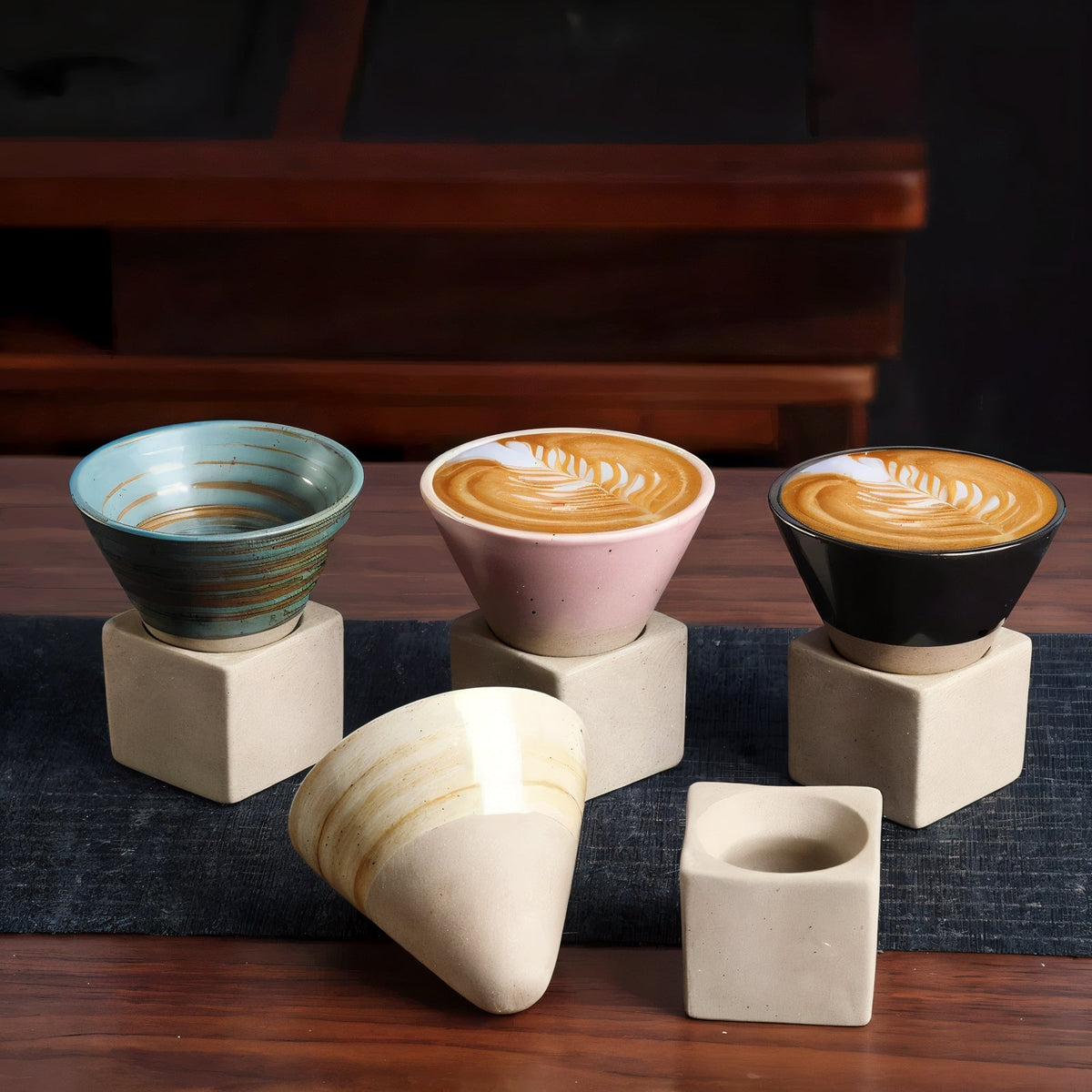 Conical Ceramic Espresso Cups with Holder, 100 ml (3.4 fl oz), Reactive Glaze