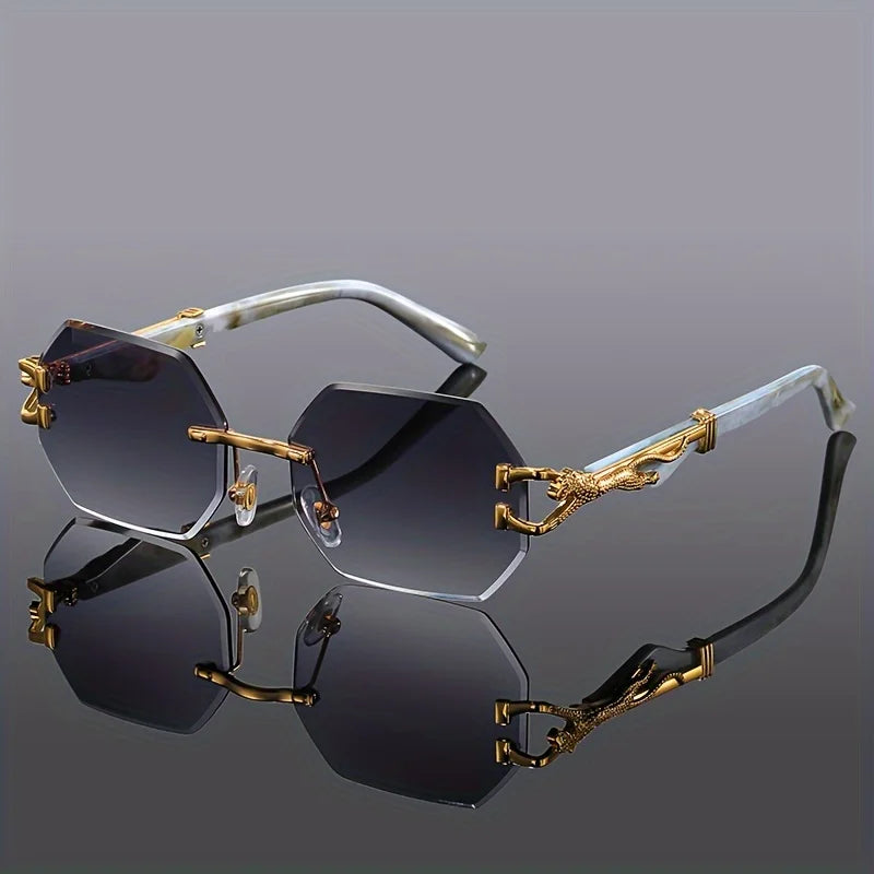 Rimless Sunglasses with Hexagonal Lenses, UV400 Protection, Embellished Metal Temples
