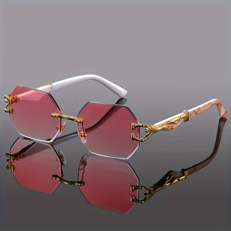 Rimless Sunglasses with Hexagonal Lenses, UV400 Protection, Embellished Metal Temples