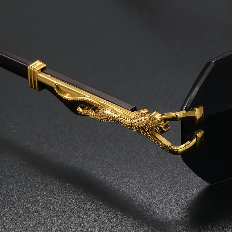 Rimless Sunglasses with Hexagonal Lenses, UV400 Protection, Embellished Metal Temples
