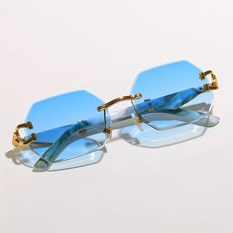 Rimless Sunglasses with Hexagonal Lenses, UV400 Protection, Embellished Metal Temples