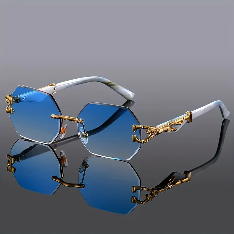 Rimless Sunglasses with Hexagonal Lenses, UV400 Protection, Embellished Metal Temples