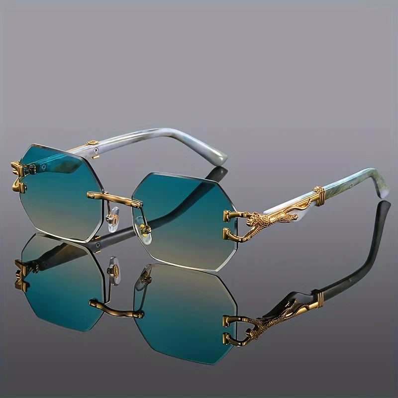 Rimless Sunglasses with Hexagonal Lenses, UV400 Protection, Embellished Metal Temples