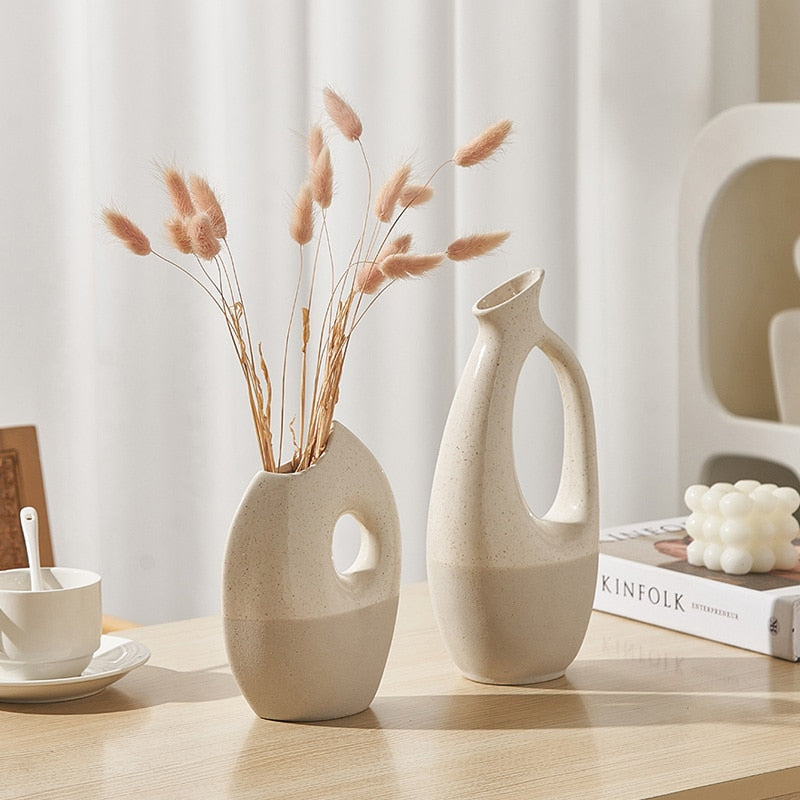Sculptural Ceramic Decorative Vase with Handle Opening Two-Tone Matte for Dried Flowers Sideboard and Living Room