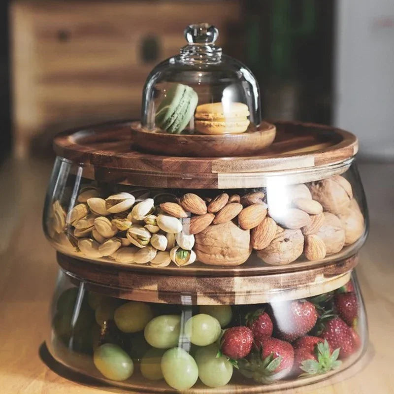 Mehrstöckige Servieretagere aus Glas und Akazienholz mit Deckel für Obst Nüsse und Süßigkeiten