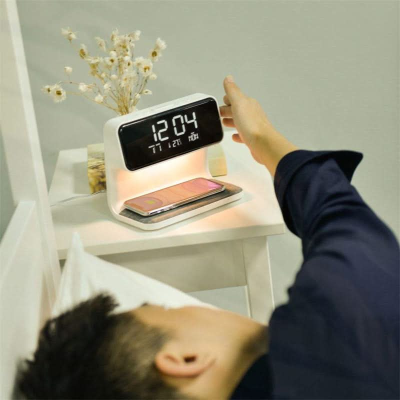 3-in-1 Bedside Lamp with LCD Alarm Clock and Wireless Charging Dimmable Touch Control Date and Temperature Display Made of ABS