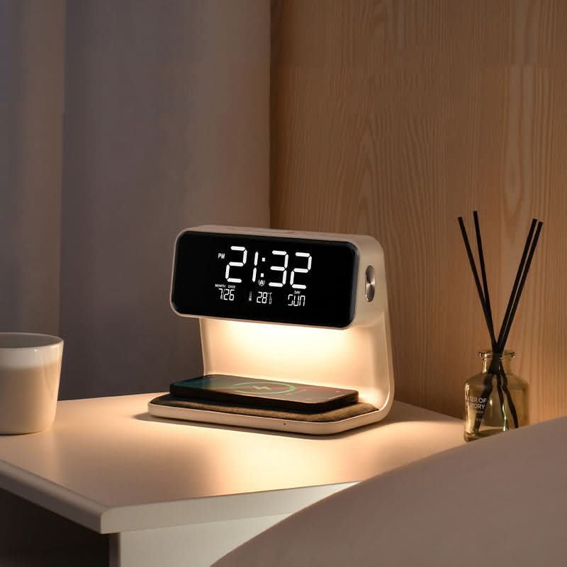 3-in-1 Bedside Lamp with LCD Alarm Clock and Wireless Charging Dimmable Touch Control Date and Temperature Display Made of ABS
