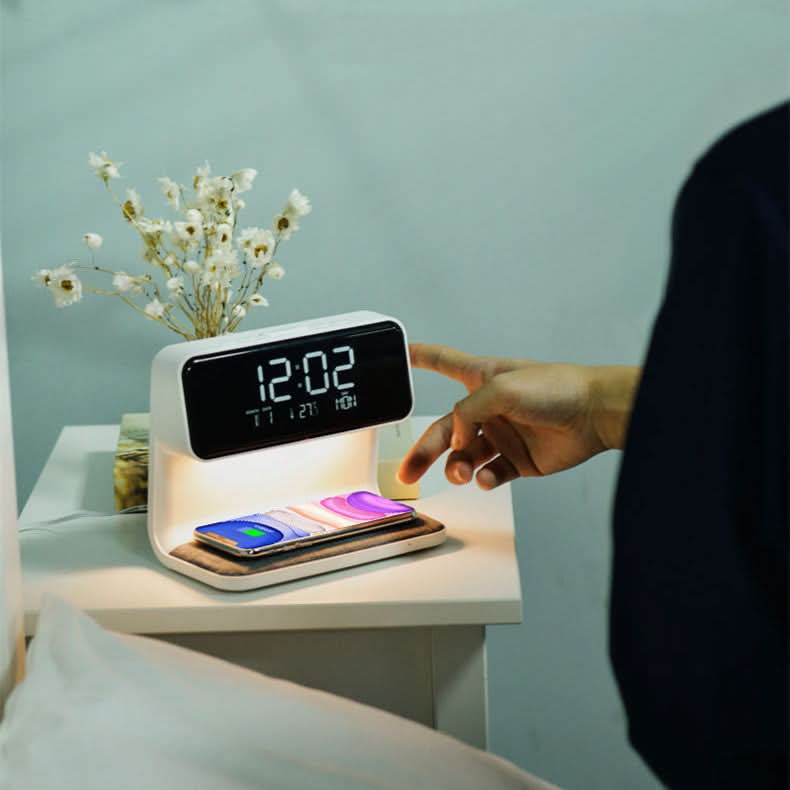 3-in-1 Bedside Lamp with LCD Alarm Clock and Wireless Charging Dimmable Touch Control Date and Temperature Display Made of ABS
