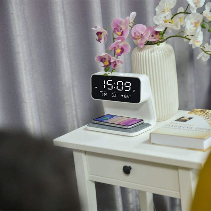 3-in-1 Bedside Lamp with LCD Alarm Clock and Wireless Charging Dimmable Touch Control Date and Temperature Display Made of ABS