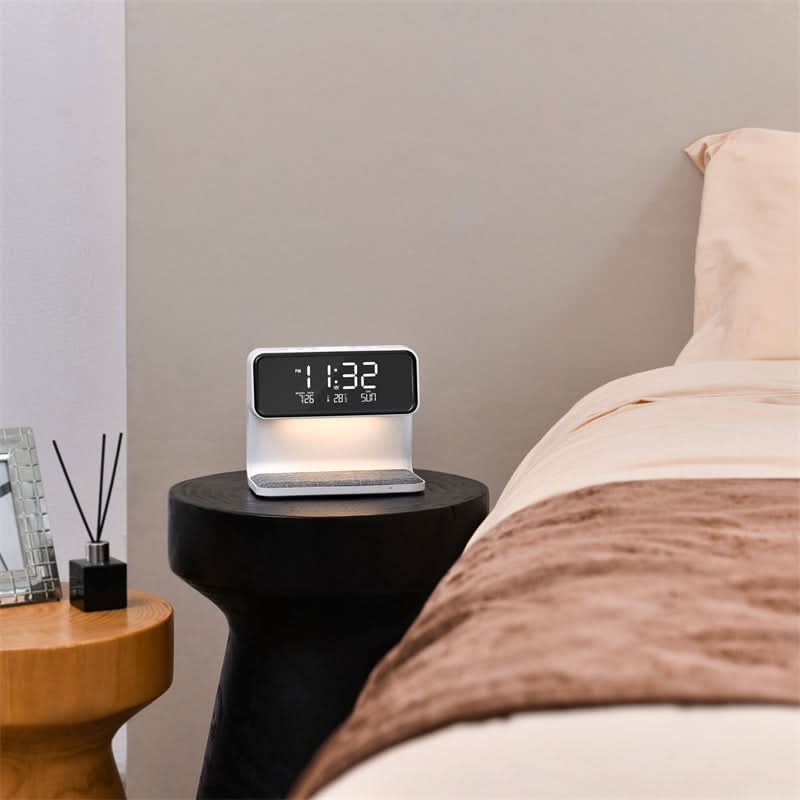 3-in-1 Bedside Lamp with LCD Alarm Clock and Wireless Charging Dimmable Touch Control Date and Temperature Display Made of ABS