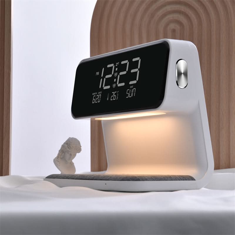 3-in-1 Bedside Lamp with LCD Alarm Clock and Wireless Charging Dimmable Touch Control Date and Temperature Display Made of ABS