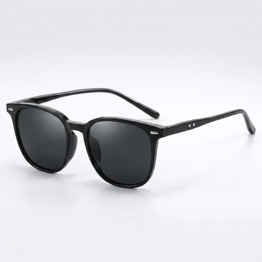 Plastic sunglasses with tinted lenses, riveted hinges, unisex fit