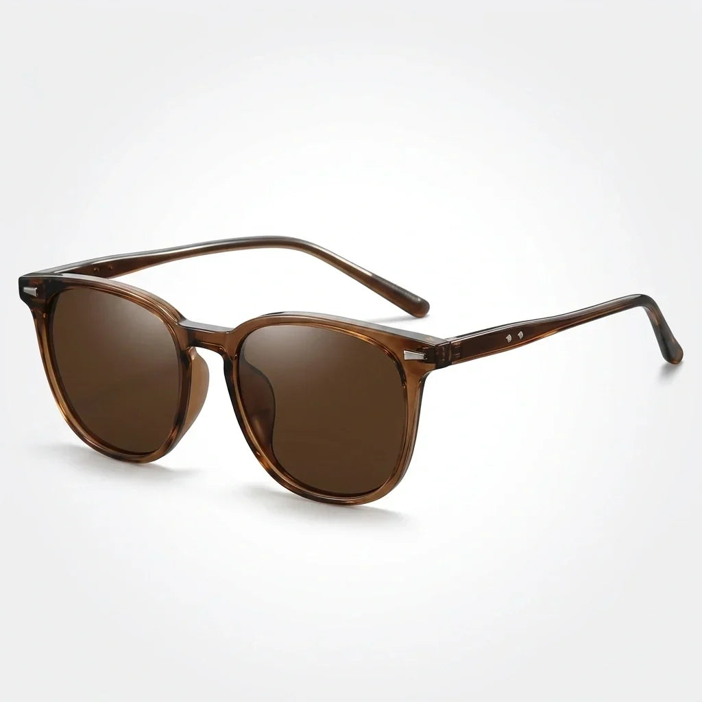 Plastic sunglasses with tinted lenses, riveted hinges, unisex fit