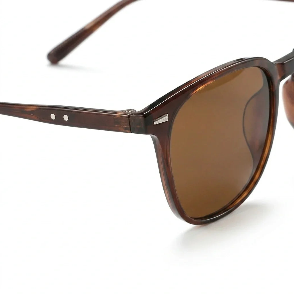 Plastic sunglasses with tinted lenses, riveted hinges, unisex fit