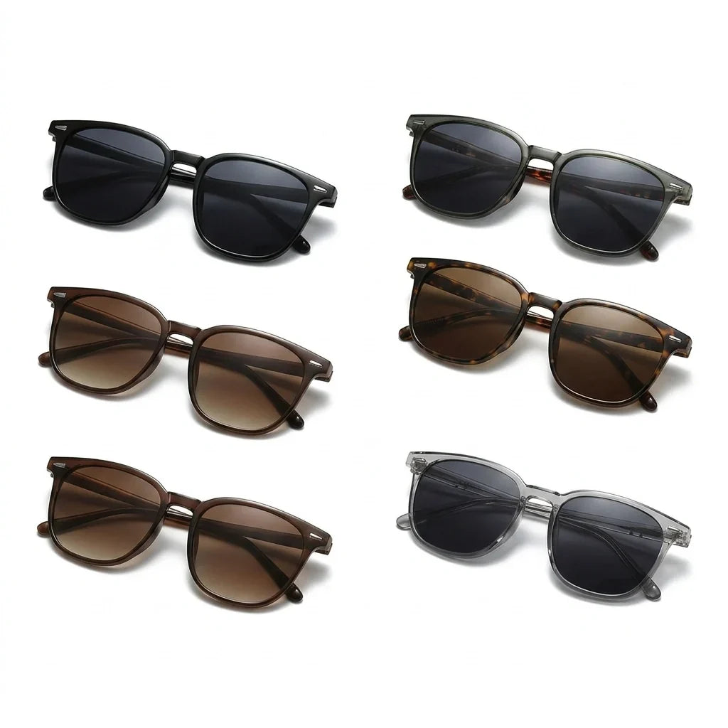 Plastic sunglasses with tinted lenses, riveted hinges, unisex fit