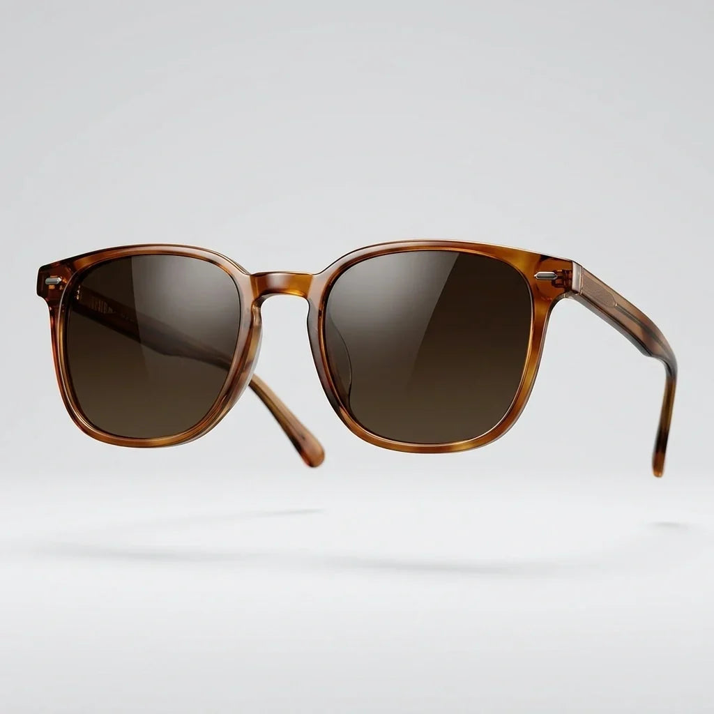 Plastic sunglasses with tinted lenses, riveted hinges, unisex fit
