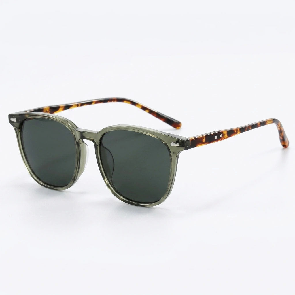 Plastic sunglasses with tinted lenses, riveted hinges, unisex fit