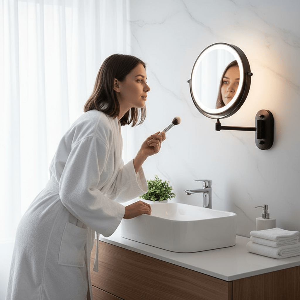 LED Wall Mounted Magnifying Mirror with Touch Control, Swivel Arm, and Rechargeable Battery for Bathroom and Vanity
