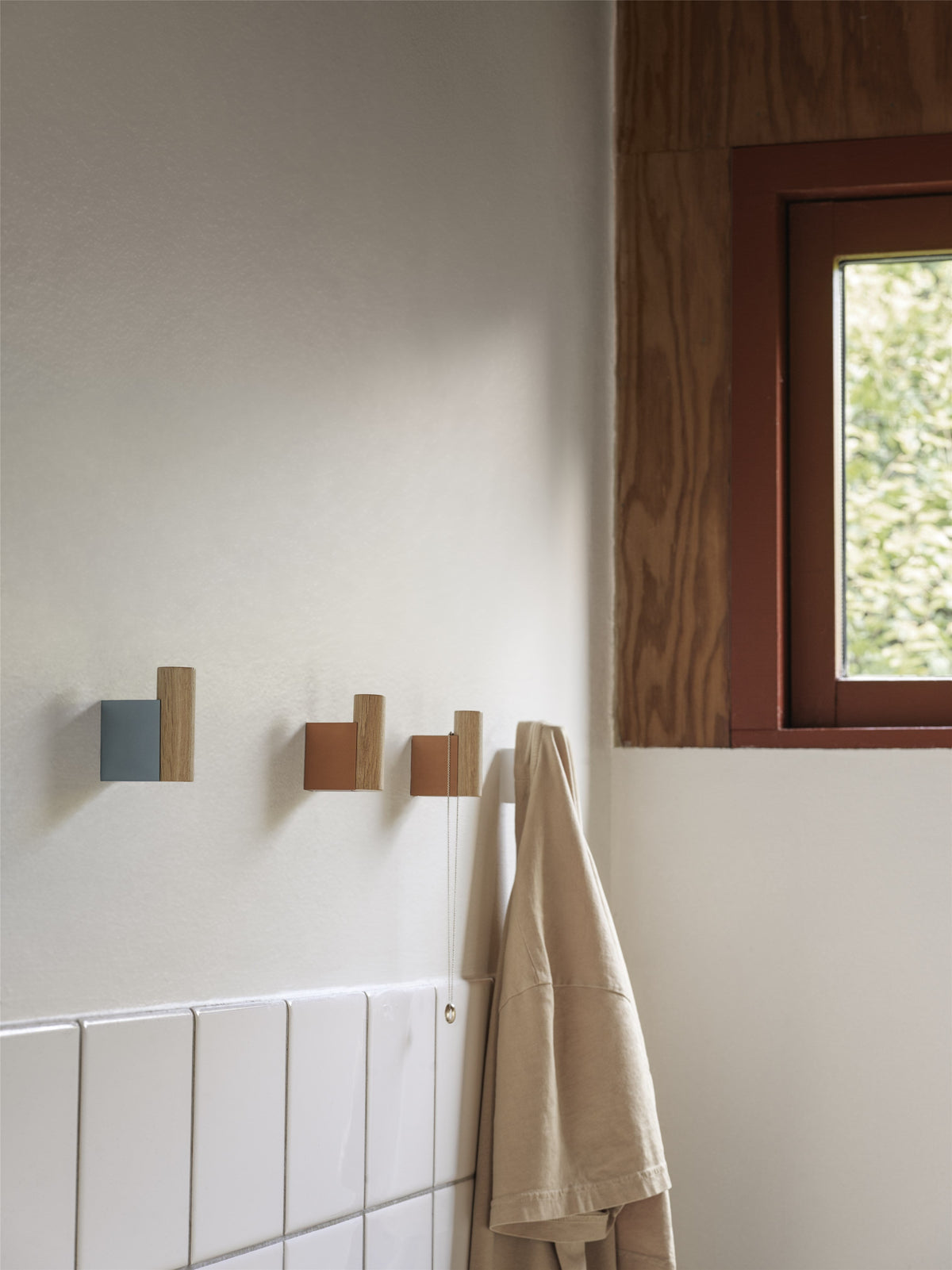Oak and Aluminium Coat Hooks, Set of 2, Round Cylinder with Square Wall Plate