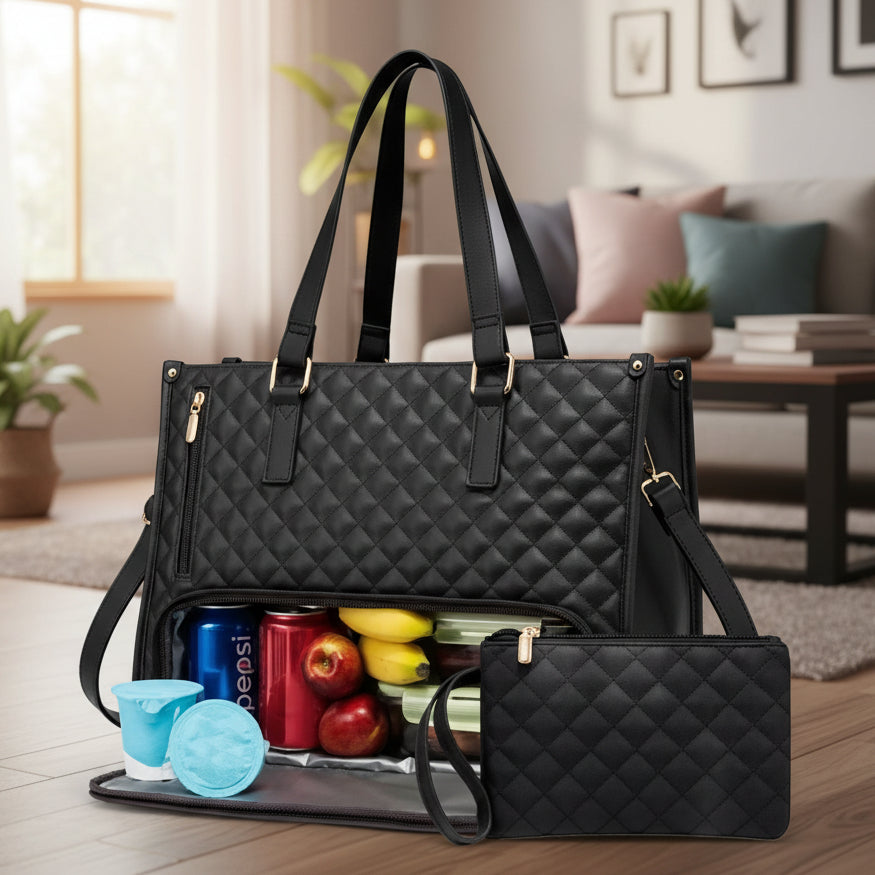 Damen-Henkeltasche 2-in-1 Gesteppt mit Integriertem Kühl-Fach Schultergurt und Pouch Wasserabweisend für Büro und Alltag