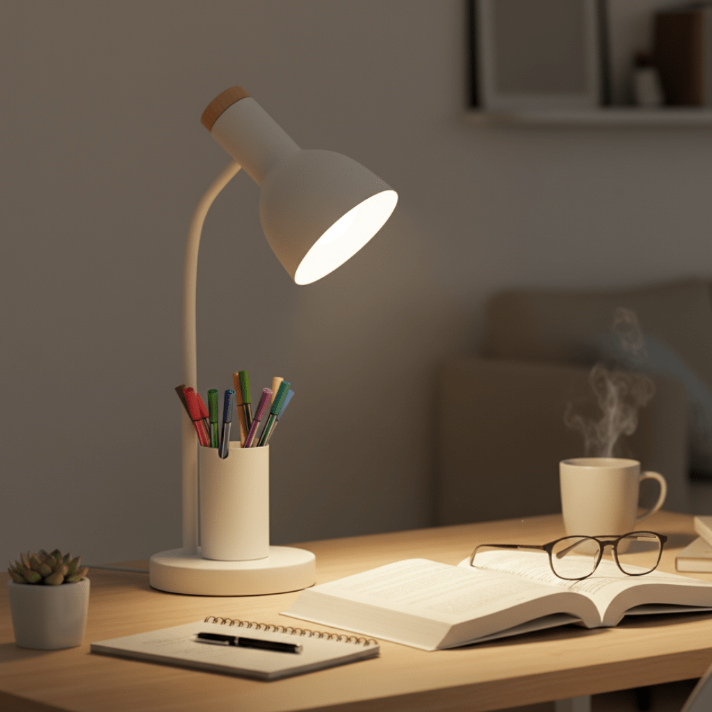 LED-Tischlampe mit Stifthalter Dreifarbigem Licht und Verstellbarem Schwanenhals für Schreibtisch Büro und Nachttisch