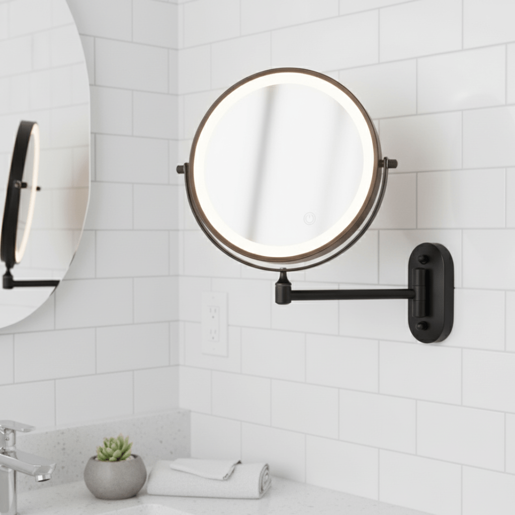 LED Wall Mounted Magnifying Mirror with Touch Control, Swivel Arm, and Rechargeable Battery for Bathroom and Vanity