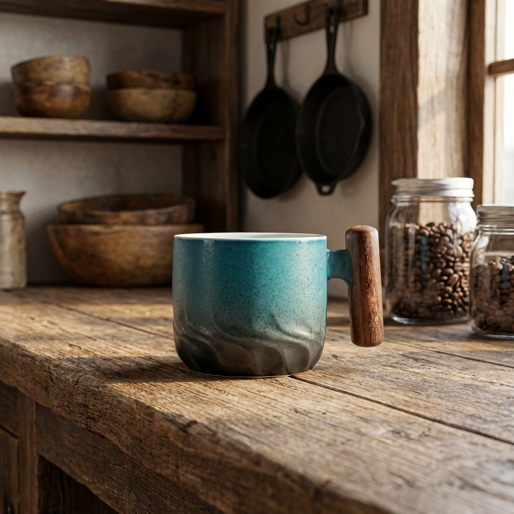 Espressotassen aus Keramik mit Holzgriff, 80 ml (2,7 oz), Verlaufsglasur mit Strukturierter Oberfläche