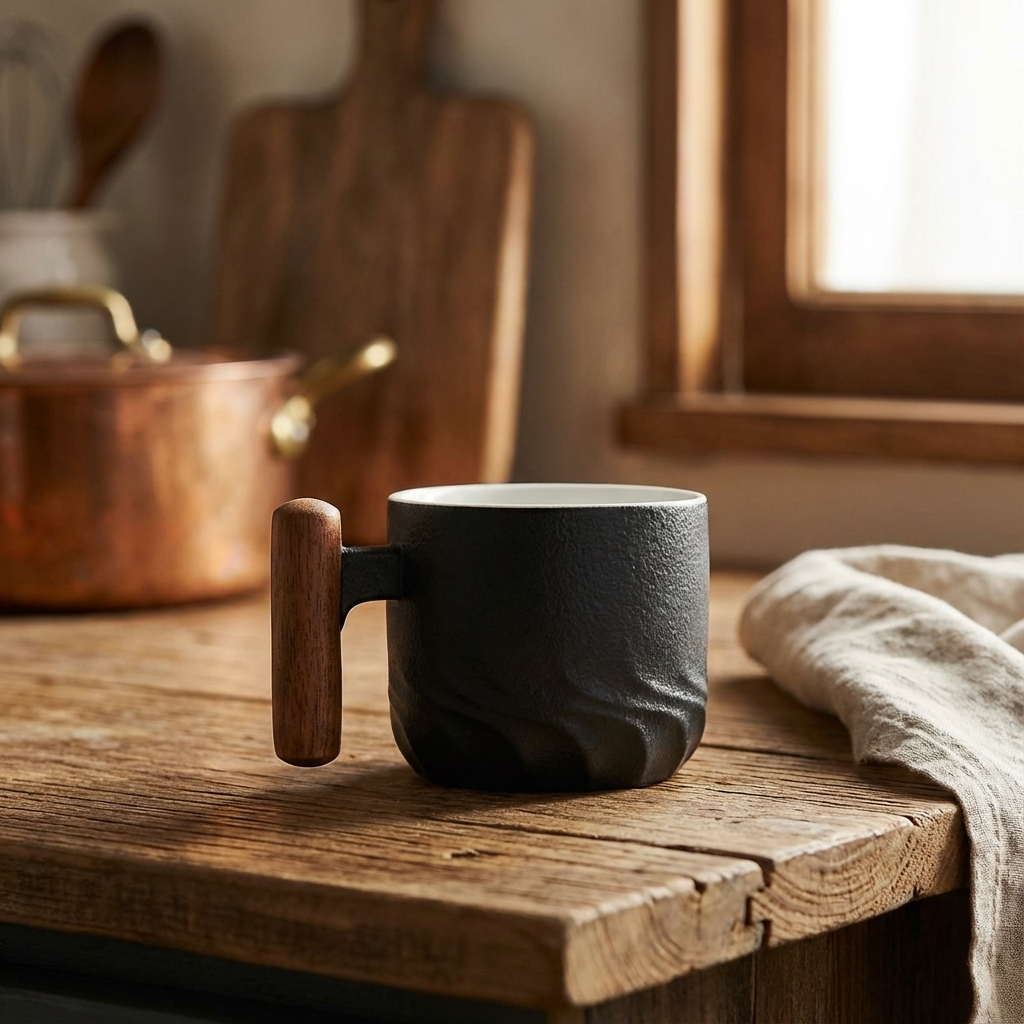 Espressotassen aus Keramik mit Holzgriff, 80 ml (2,7 oz), Verlaufsglasur mit Strukturierter Oberfläche