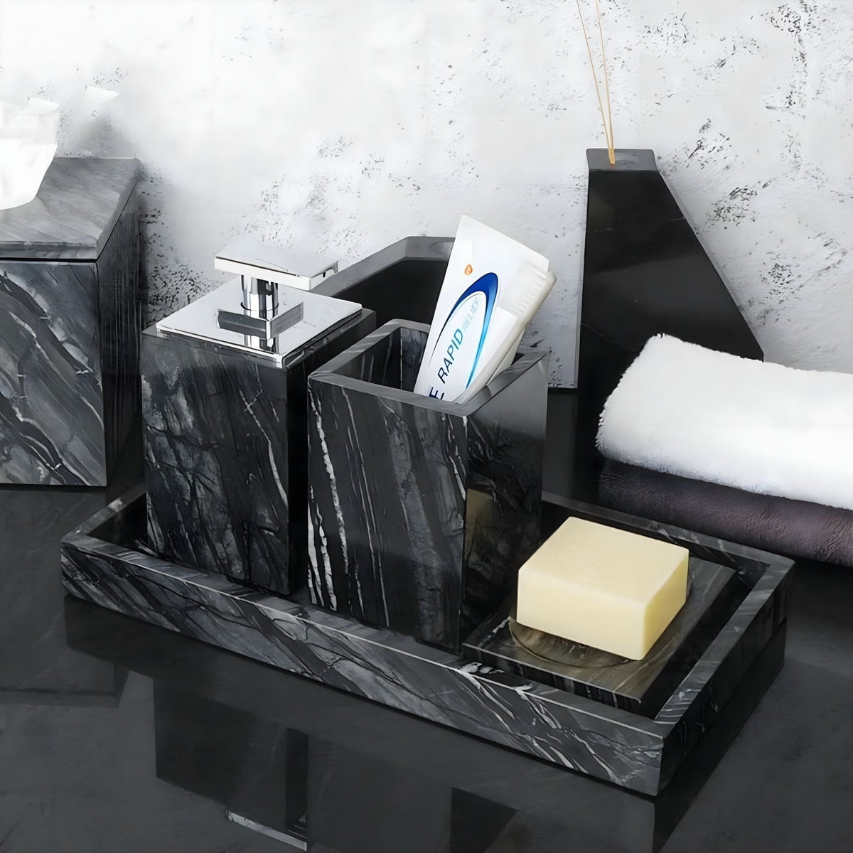 Bathroom Accessories in Marble Look with Gold-Colored Fittings, Dispenser, Tumbler and Tray