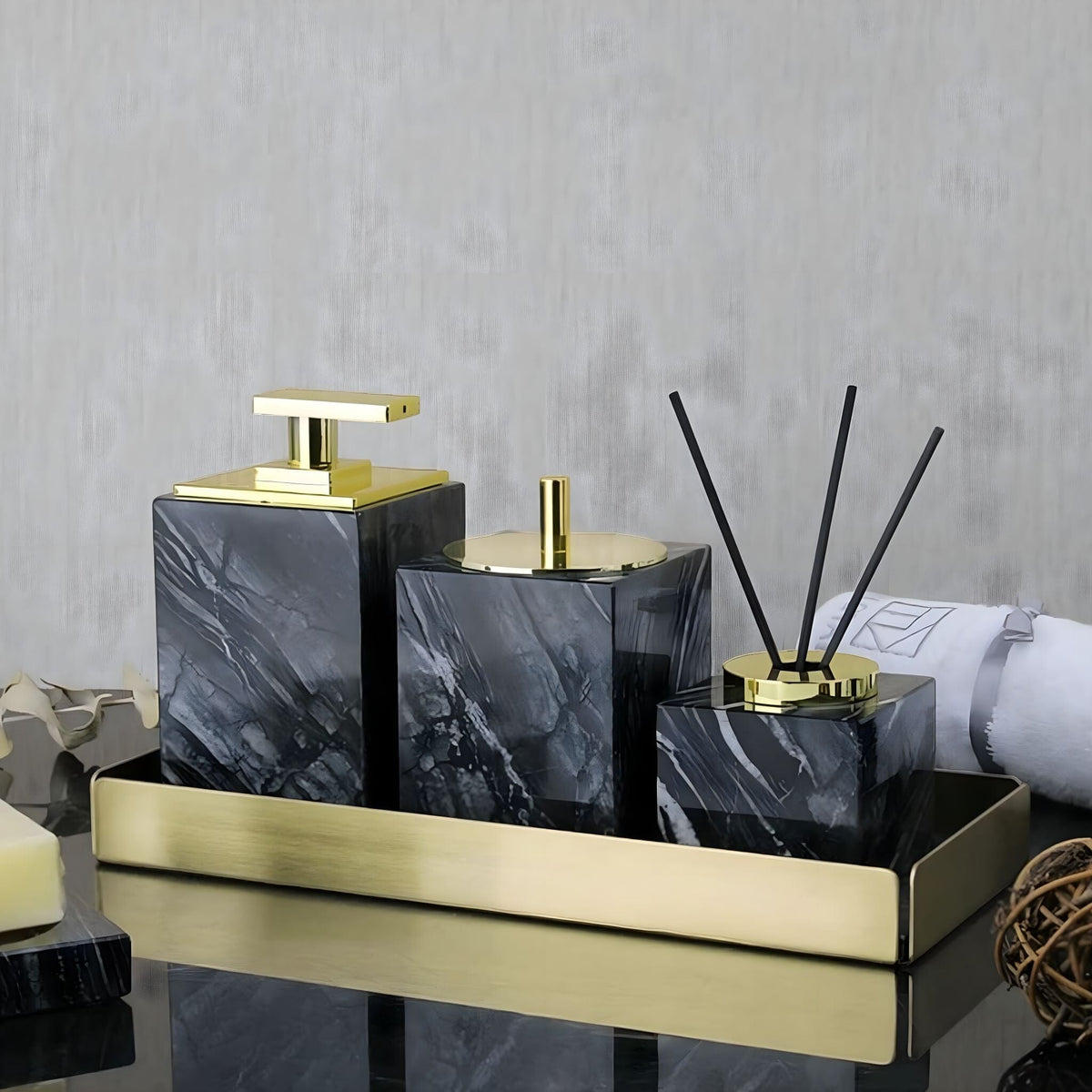 Bathroom Accessories in Marble Look with Gold-Colored Fittings, Dispenser, Tumbler and Tray