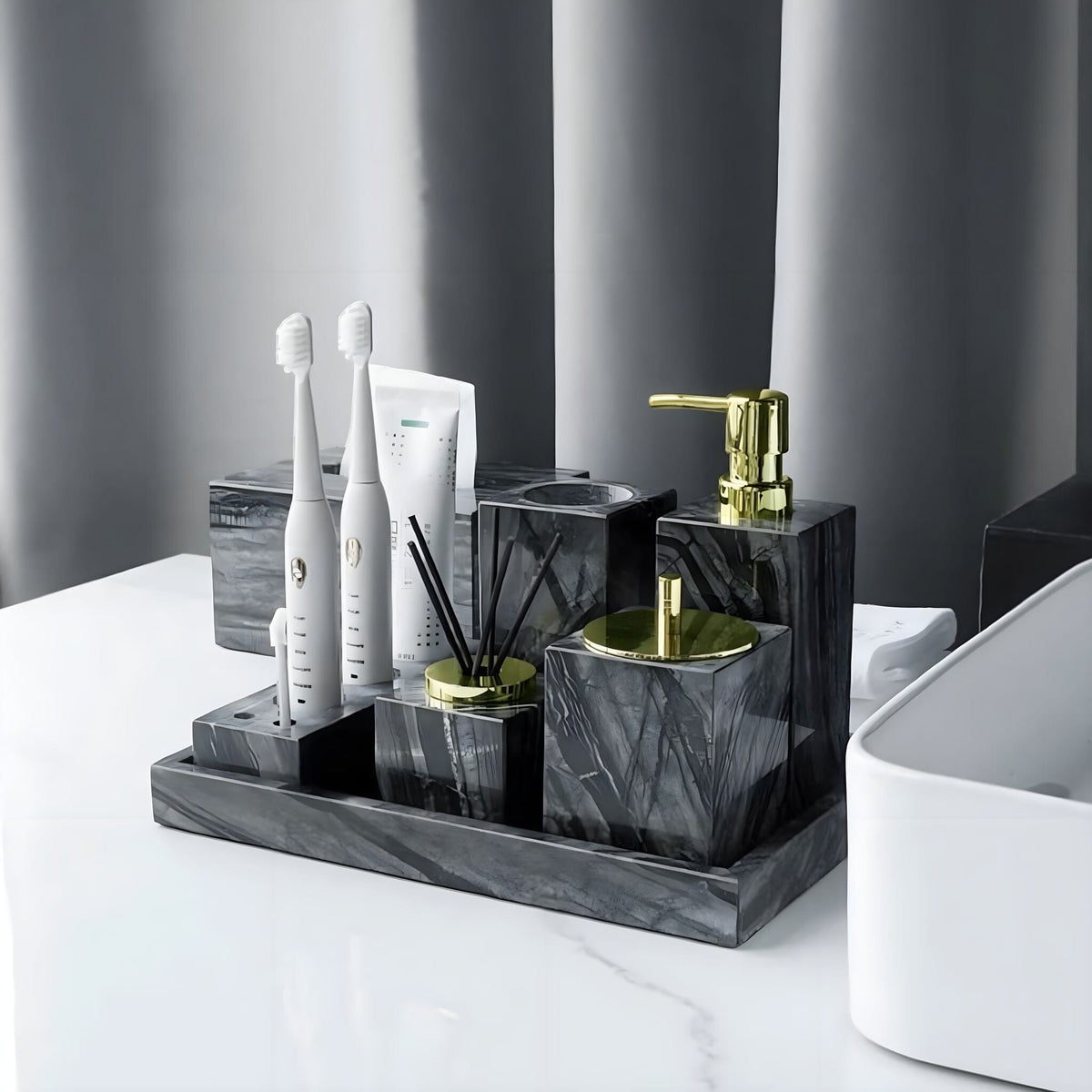 Bathroom Accessories in Marble Look with Gold-Colored Fittings, Dispenser, Tumbler and Tray
