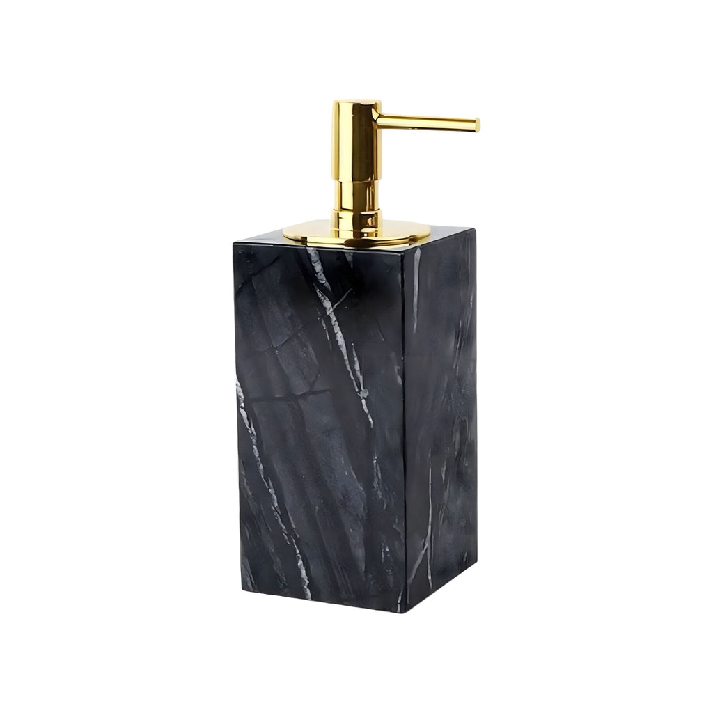 Bathroom Accessories in Marble Look with Gold-Colored Fittings, Dispenser, Tumbler and Tray