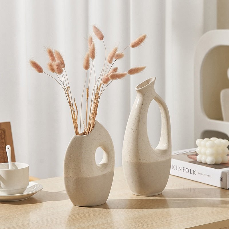 Deko-Vase aus Keramik Skulptural mit Griff-Öffnung Zweifarbig Matt für Trockenblumen Sideboard und Wohnzimmer - Bolania