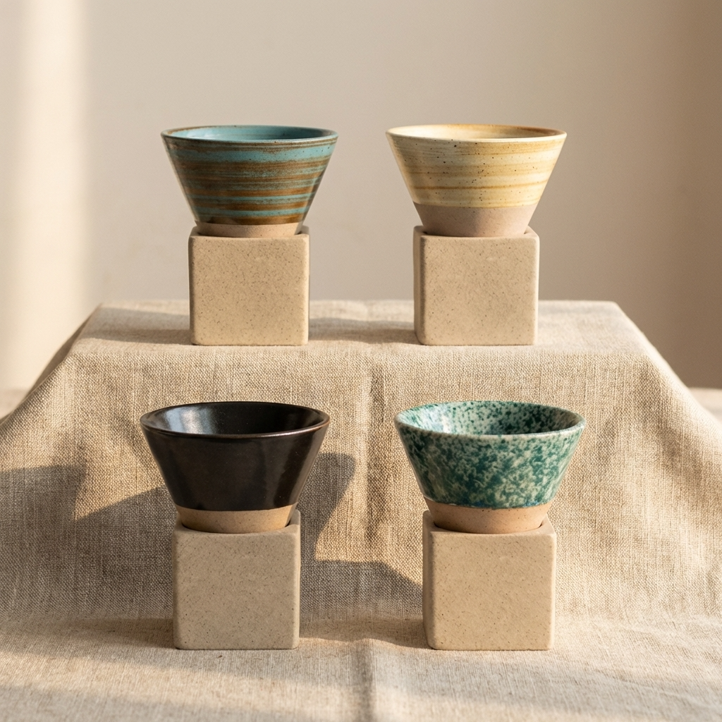 Conical Ceramic Espresso Cups with Holder, 100 ml (3.4 fl oz), Reactive Glaze