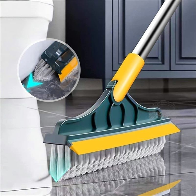 2-in-1 Floor Brush with Rubber Squeegee, V-Shape Bristles, Telescopic Handle up to 106 cm (41.7 in), 120° Swivel Head for Grout, Tiles, and Bathroom