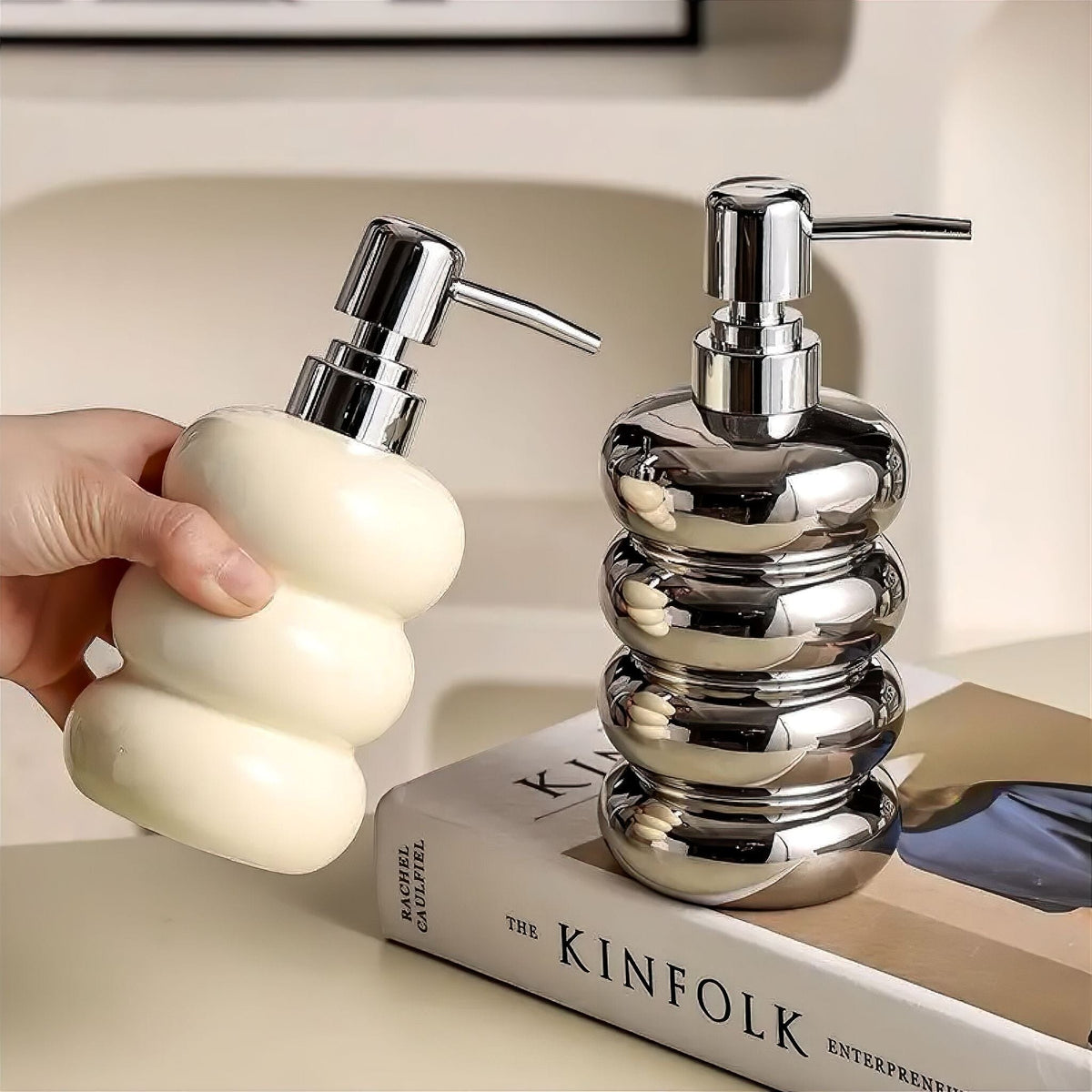 Ceramic Soap Dispenser with Chrome Pump, Stacked Ring Design, Refillable for Bathroom and Kitchen