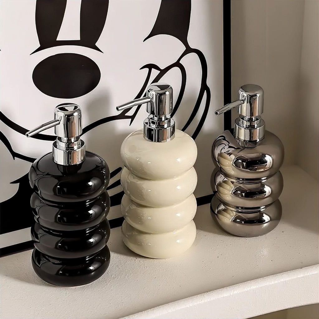 Ceramic Soap Dispenser with Chrome Pump, Stacked Ring Design, Refillable for Bathroom and Kitchen