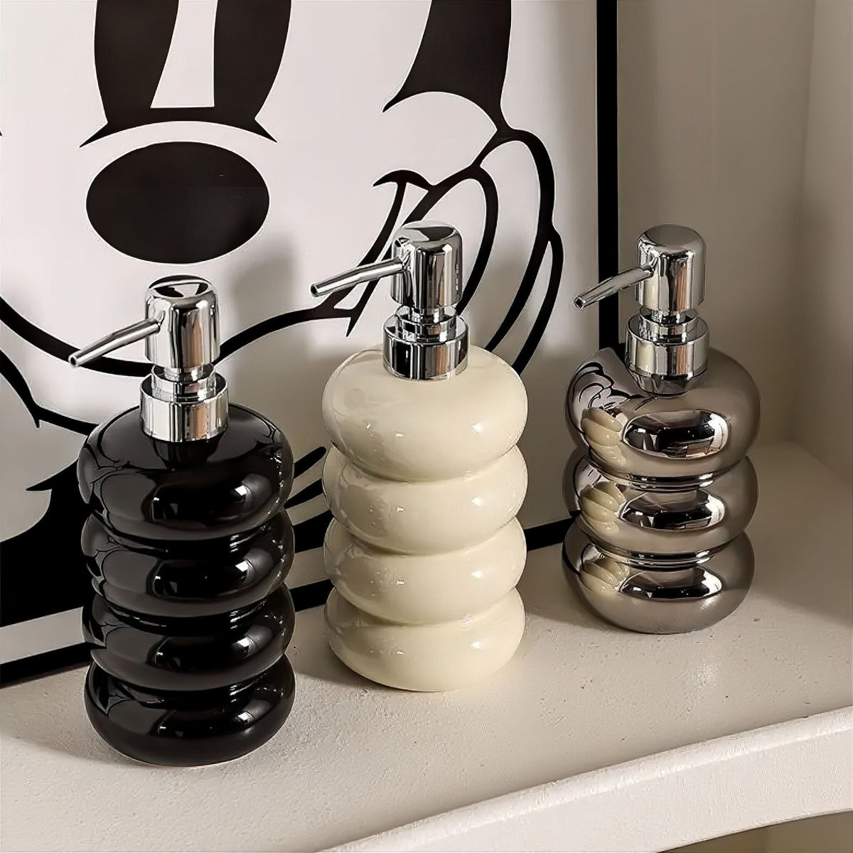 Ceramic Soap Dispenser with Chrome Pump, Stacked Ring Design, Refillable for Bathroom and Kitchen