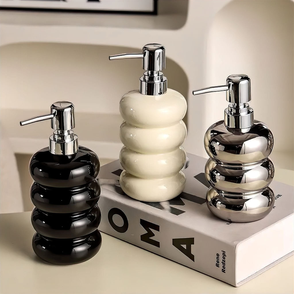 Ceramic Soap Dispenser with Chrome Pump, Stacked Ring Design, Refillable for Bathroom and Kitchen