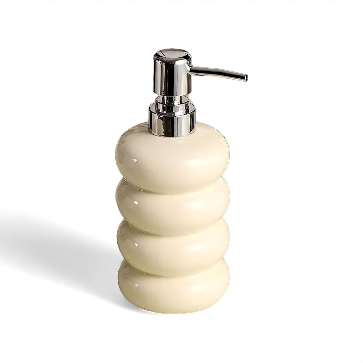 Ceramic Soap Dispenser with Chrome Pump, Stacked Ring Design, Refillable for Bathroom and Kitchen