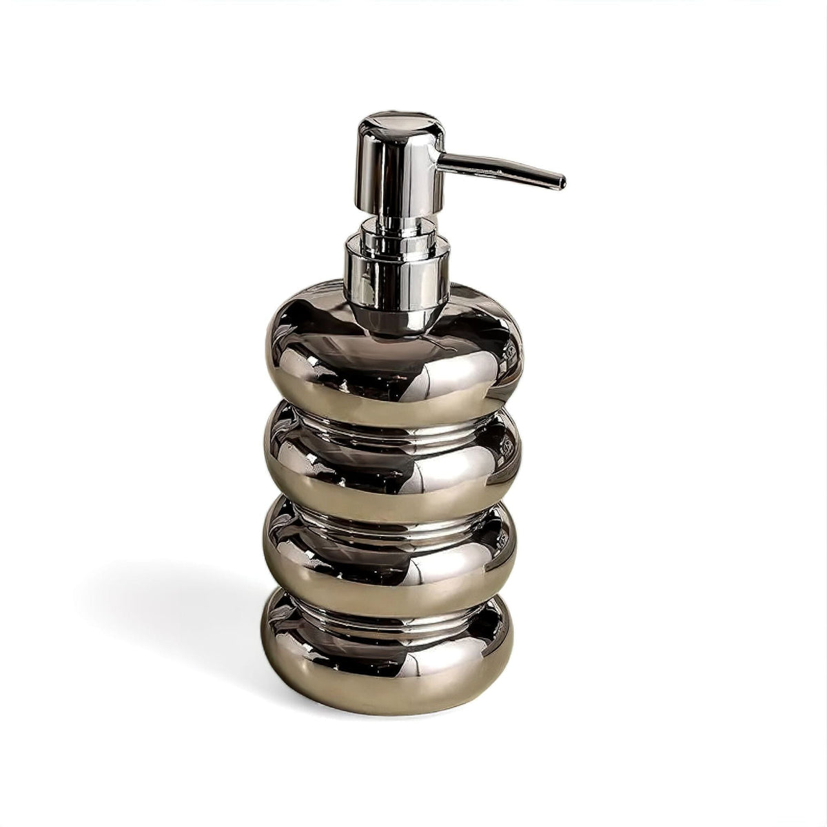 Ceramic Soap Dispenser with Chrome Pump, Stacked Ring Design, Refillable for Bathroom and Kitchen