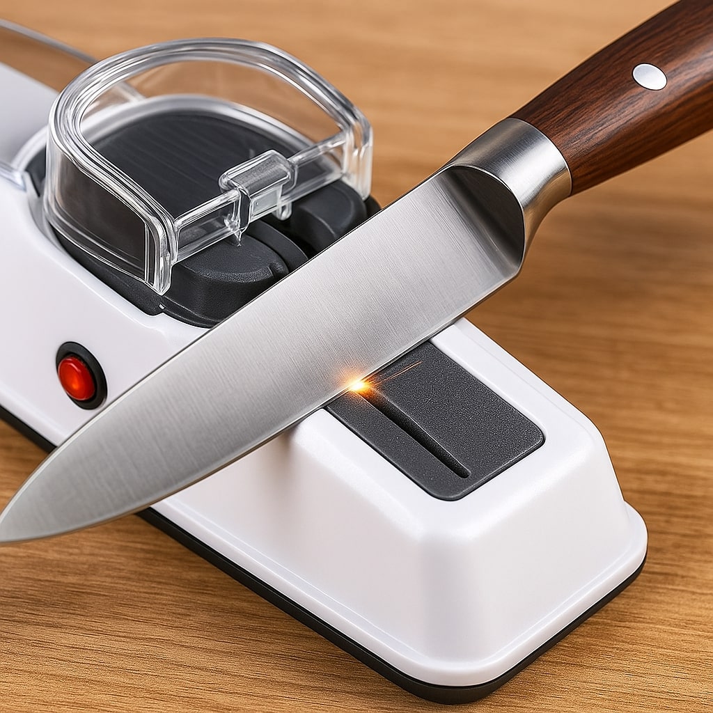 Elektrischer Messerschärfer mit USB-Akku Drei Schleifstufen und Klingen-Führung für Küchenmesser Kompakt und Rutschfest
