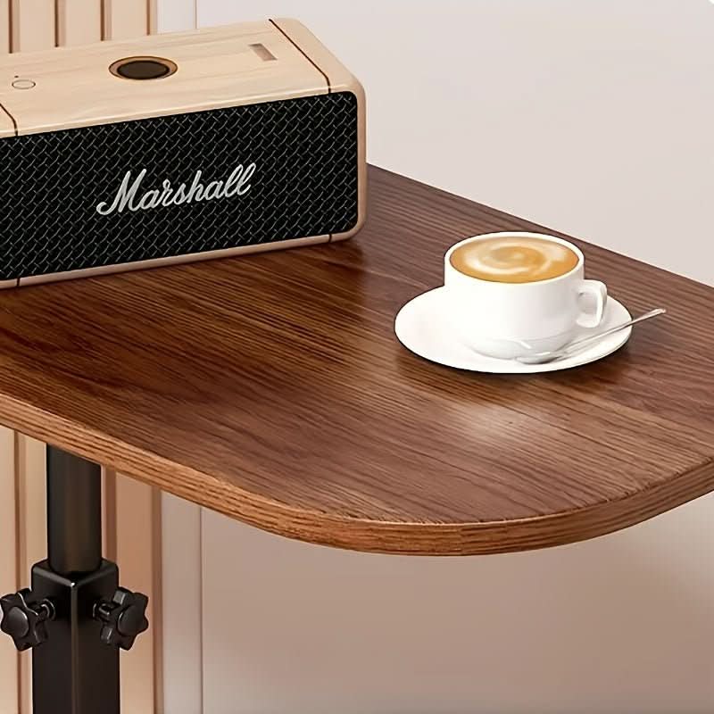 Height-adjustable side table with wooden top and metal C-shaped frame for sliding under sofas and beds for the living room
