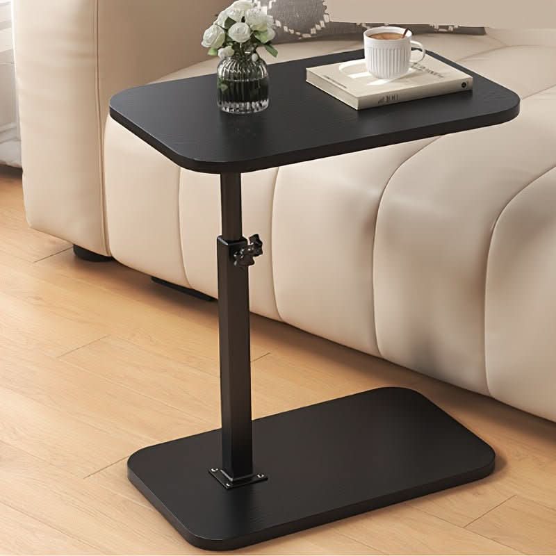 Height-adjustable side table with wooden top and metal C-shaped frame for sliding under sofas and beds for the living room
