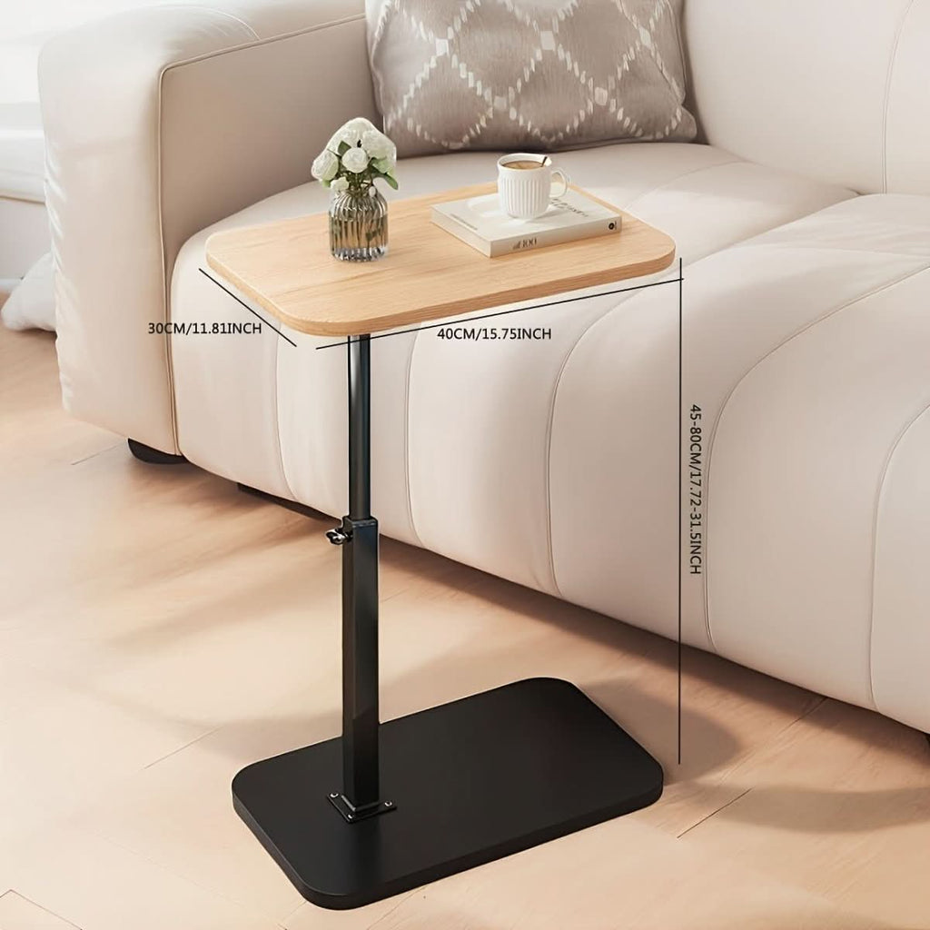 Height-adjustable side table with wooden top and metal C-shaped frame for sliding under sofas and beds for the living room