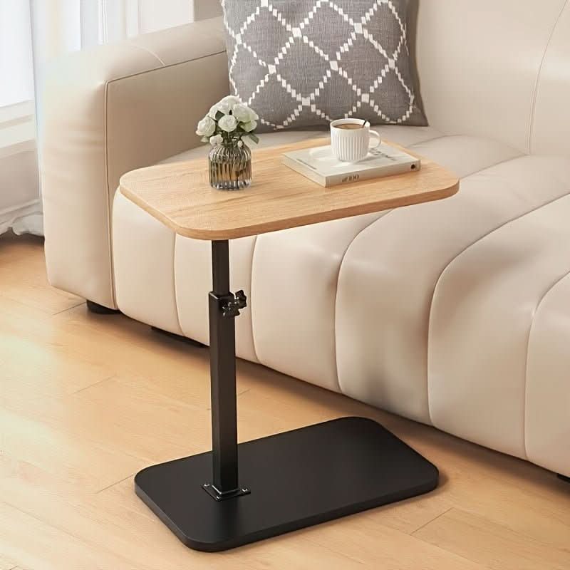 Height-adjustable side table with wooden top and metal C-shaped frame for sliding under sofas and beds for the living room