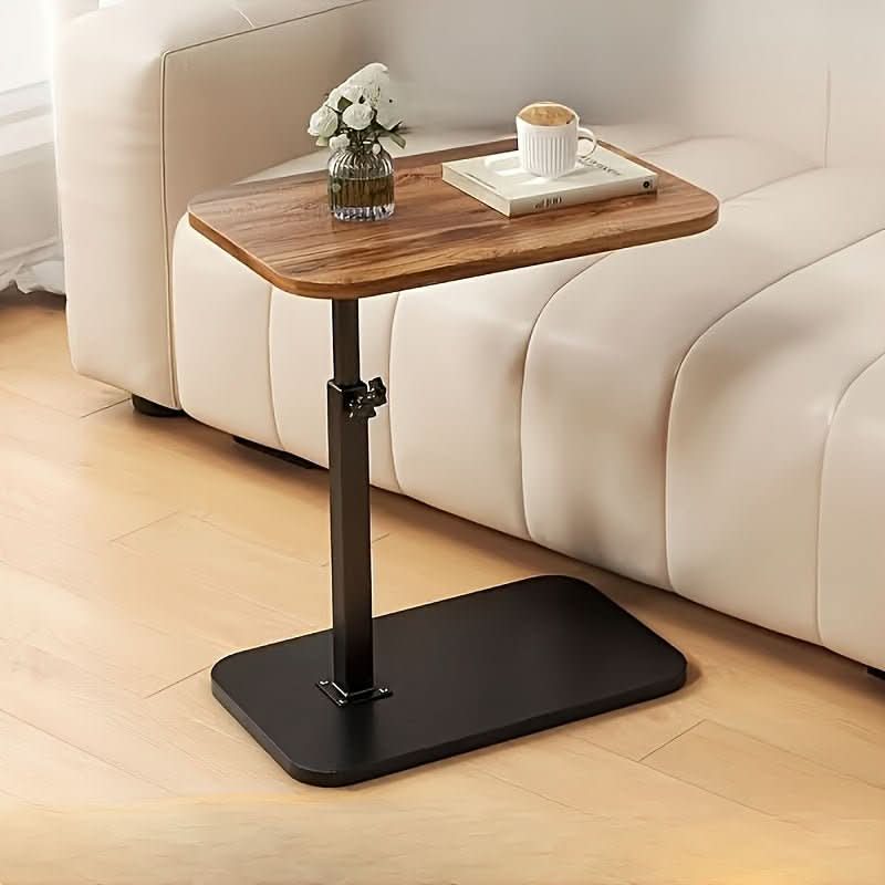 Height-adjustable side table with wooden top and metal C-shaped frame for sliding under sofas and beds for the living room