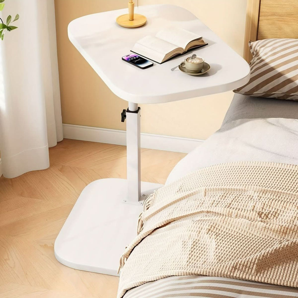 Height-adjustable side table with wooden top and metal C-shaped frame for sliding under sofas and beds for the living room