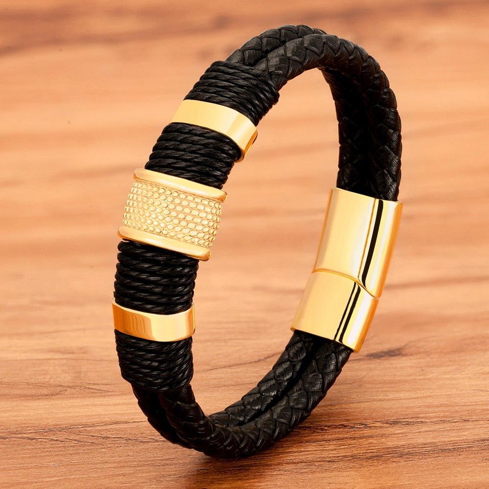 Geflochtenes Lederarmband für Herren mit Magnetverschluss aus 316L Edelstahl Doppellagig und Mit Metallperlen - Bolania